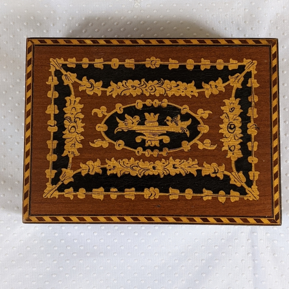 VTG Wood Inlay Music Jewelry Trinket Box Birds Ebony
